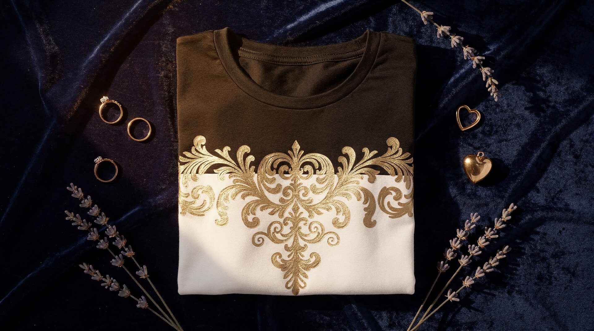 Recipe for Happiness brand lifestyle - luxury t-shirt collection with gold accents on deep blue velvet