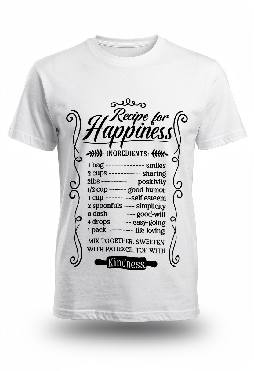 Recipe for Happiness - White T-Shirt with black print featuring the happiness ingredients recipe